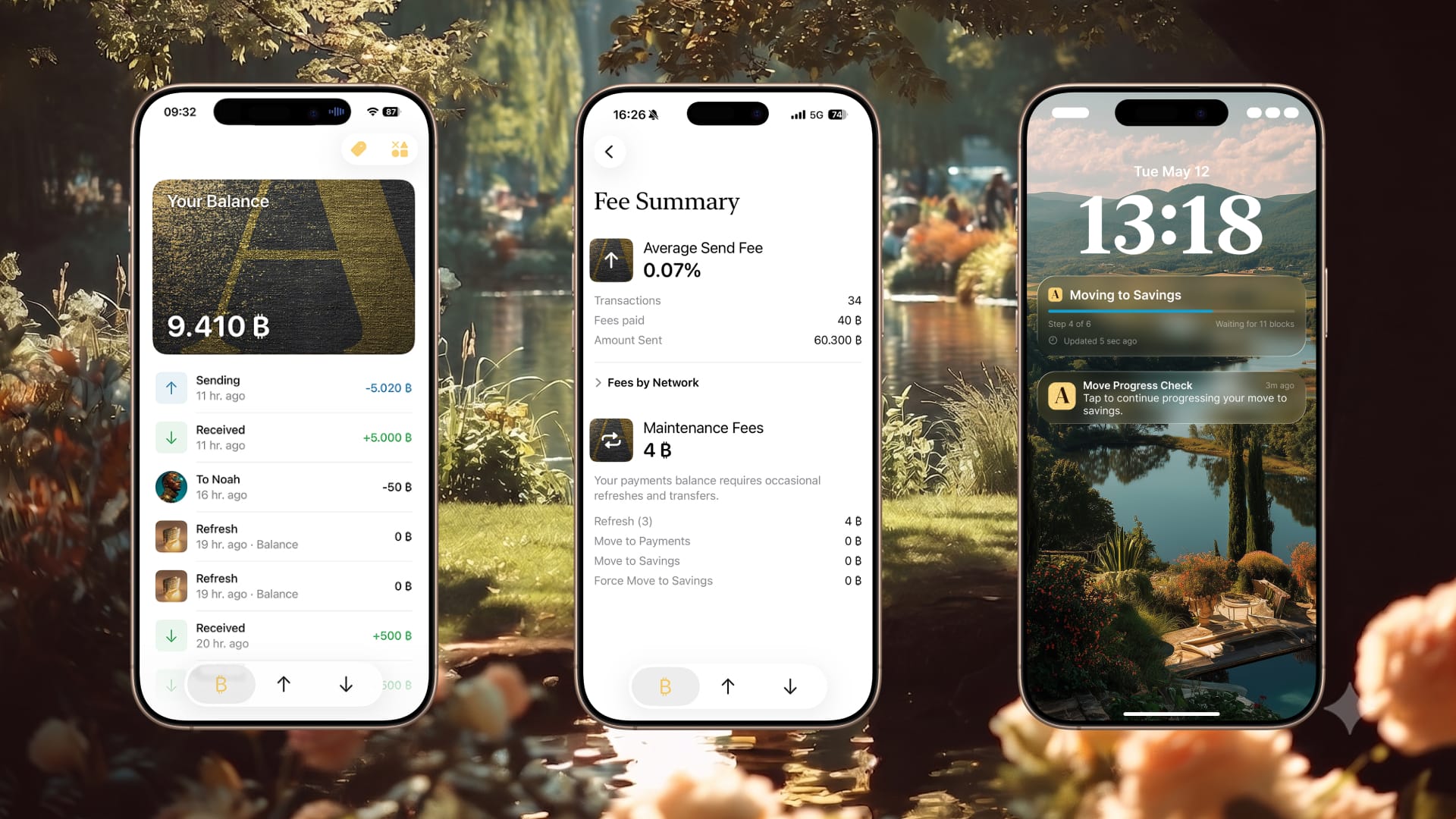 Three screenshots from the Arké app, each more stylish than the last